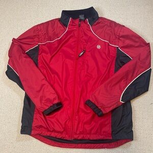 IllumiNITE Men’s XL Rain Jacket Night Running Cycling Vented Pocket Red Black